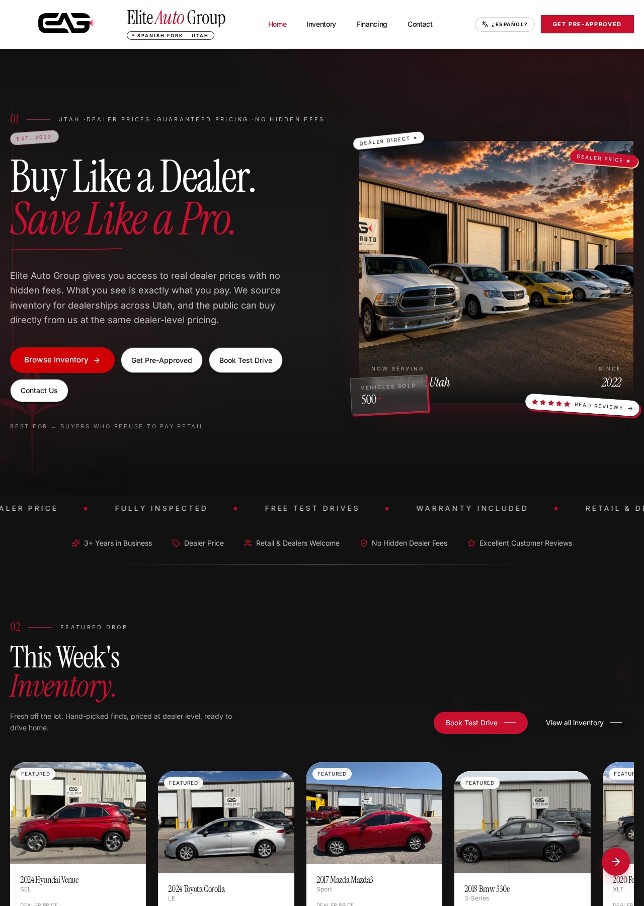 Real Elite Auto Group website on desktop